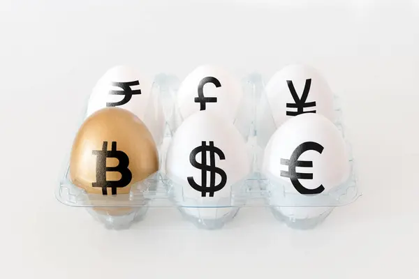 ゴールデンエッグ ビットコインサイン 白い背景のパッキングの通貨の印が付いている卵 ミニマル投資コンセプト — ストック写真