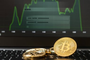 Bitcoin altın para ve ticaret şeması geçmişi. Sanal kripto para birimi kavramı.