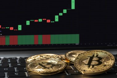 Bitcoin altın para ve ticaret şeması geçmişi. Sanal kripto para birimi kavramı.