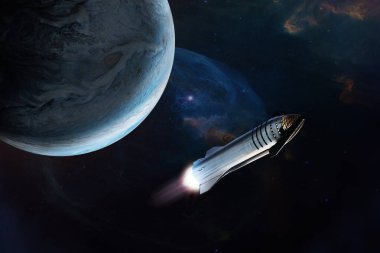 Ağır Yıldız Gemisi Jüpiter 'in arka planında kalkış yapıyor. Bu görüntünün elementleri NASA tarafından desteklenmektedir.