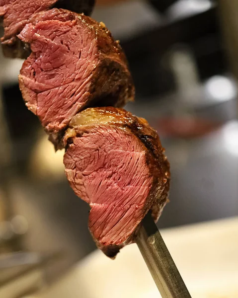 Picanha Bbq Steak Meat Grilled Charcoal Knife Cutting Skewer Brazilian — 图库照片