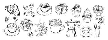 Kahve fincanları, hamur işleri, çörekler, kahvaltı. Beyaz arkaplanda siyah ve renkli mürekkep çizimi.