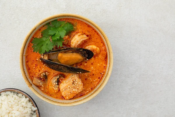 stock image Closeup on tom yam seafood soup with rice