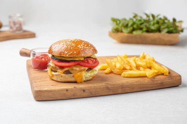 Patates kızartması ve ketçaplı Amerikan çizburgeri.