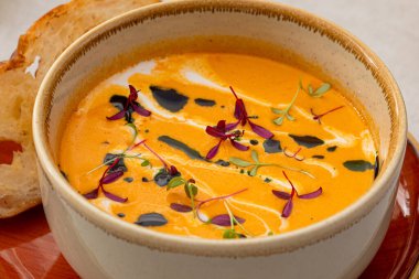 Sebzeli mercimek çorbası ve kızarmış ekmek.