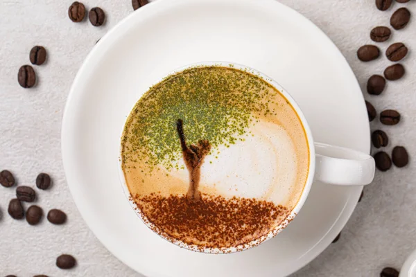 Tampilan Atas Pada Cangkir Kopi Cappuccino Dengan Seni Pohon — Stok Foto