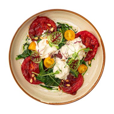 Izgara domates ve stracciatella peyniri.