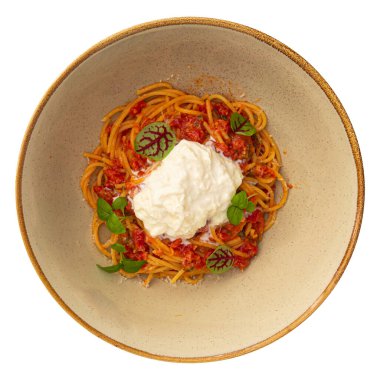 Biftekli arrabbiata soslu gurme spagetti makarna.