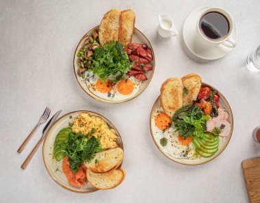 Top view on different assorted breakfast set