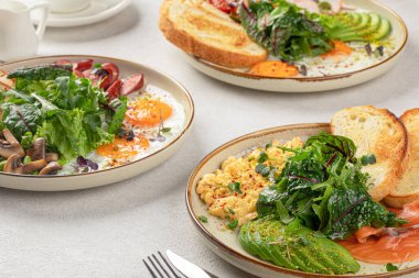 Side view on different assorted breakfast set