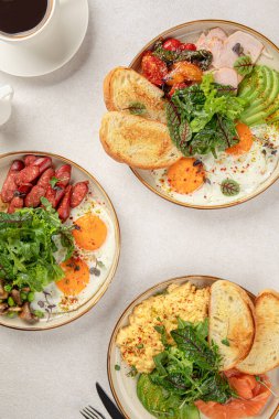 Top view on different assorted breakfast set