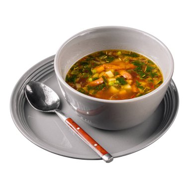 Isolated portion of irish peasant soup with sausages