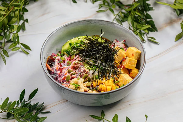 Stock image Portion of gourmet poke bowl with tofu and vegetables