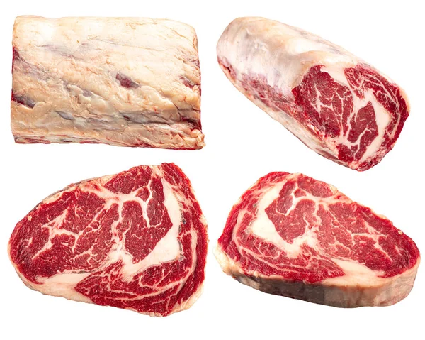 Colagem Carne Crua Marmorizada Isolada Fundo Branco — Fotografia de Stock