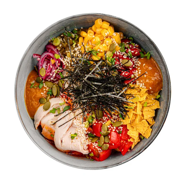 Porción Aislada Sous Vide Pollo Poke Bowl Con Verduras — Foto de Stock