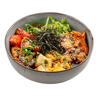 Sebzeli kızarmış tavuk kasesi.