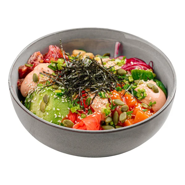 Geïsoleerde Portie Gourmet Zalm Poke Bowl Met Groenten — Stockfoto