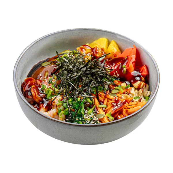 stock image Isolated portion of shrimp poke bowl with vegetables and cashew