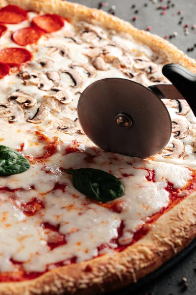Vágás Nagy Válogatott Négy Évszak Pizza Speciális Késsel — Stock Fotó