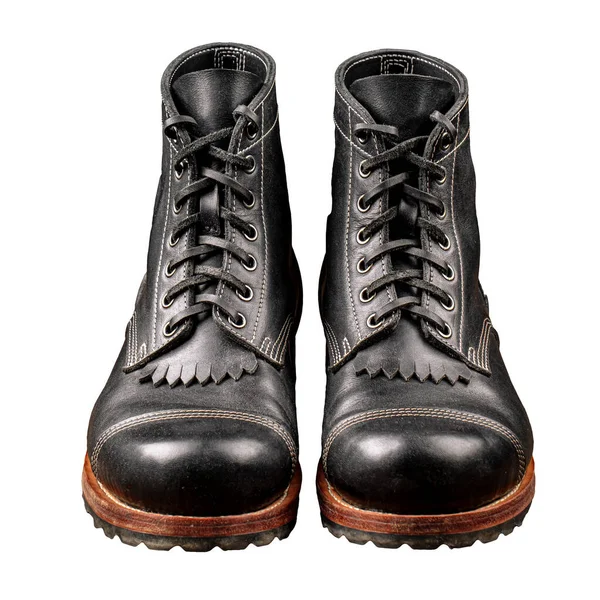 Geïsoleerde Zwarte Handgemaakte Heren Bruine Leren Laarzen — Stockfoto
