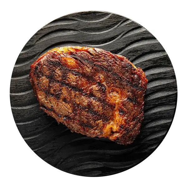 Partie Isolée Steak Marbre Grillé Sur Une Planche Service Noire — Photo