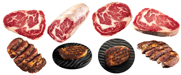 Grilované Syrové Mramorové Hovězí Steaky Variace Koláže — Stock fotografie
