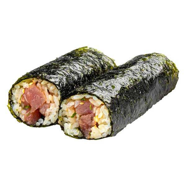 Vereinzelte Ungeschnittene Thunfisch Maki Sushi Rollen Auf Weißem Hintergrund — Stockfoto
