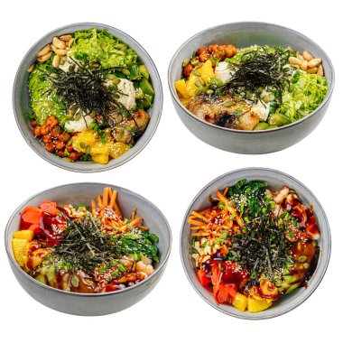 Çeşit çeşit Hawai dürtme kolajı.