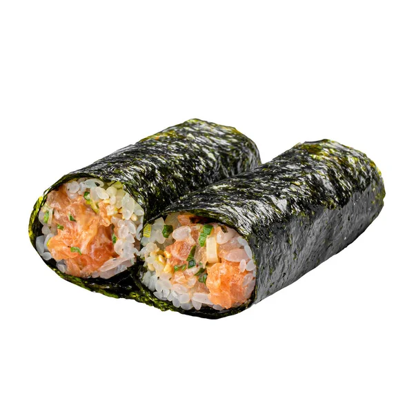 Geïsoleerde Ongesneden Zalm Maki Sushi Broodjes Witte Achtergrond — Stockfoto