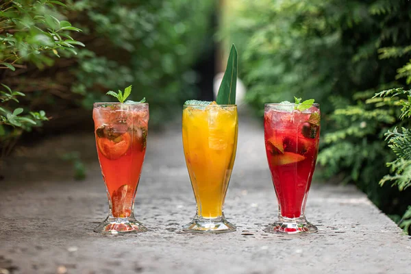 Drei Gläser Frischer Obstlimonaden Garten — Stockfoto
