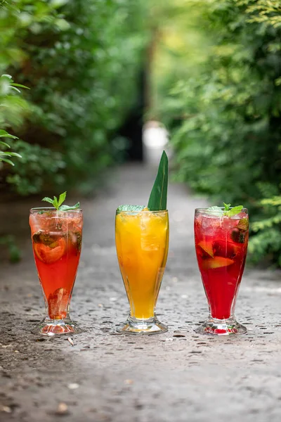 Tres Vasos Diferentes Frutas Frescas Limonadas Jardín — Foto de Stock