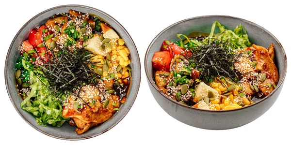Porción Aislada Pollo Frito Poke Bowl Con Verduras —  Fotos de Stock