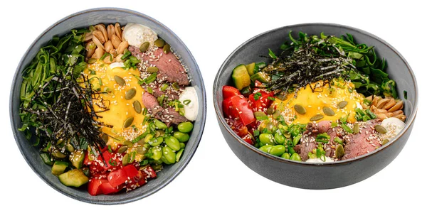Porción Aislada Poke Bowl Con Pastrami Ternera Verduras —  Fotos de Stock