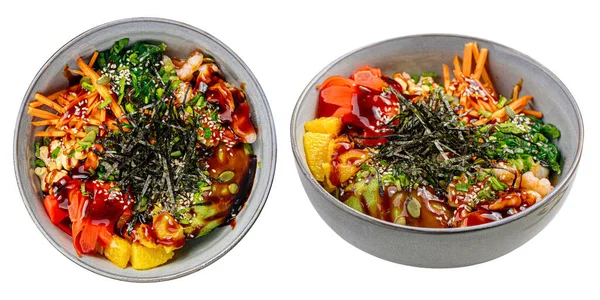 Porción Aislada Tazón Poke Camarones Con Verduras Anacardo —  Fotos de Stock