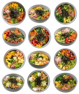 Çeşit çeşit Hawai dürtme kabı kolajı.