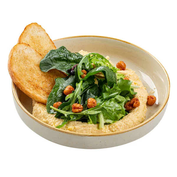 Vereinzelte Portion Gourmet Hummus Mit Grünzeug Und Toasts — Stockfoto