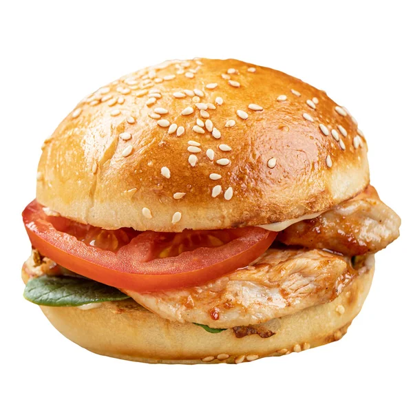 Odizolowany Burger Piersią Kurczaka Pomidorem — Zdjęcie stockowe