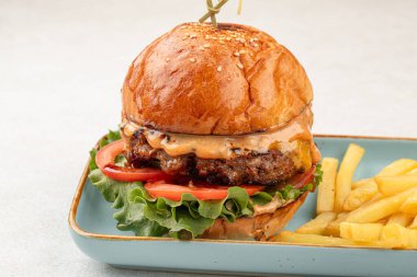 Hafif arka planda patates kızartması ve sığır etli burger.