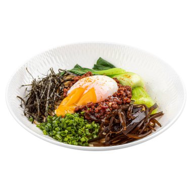 Isolated portion of mazesoba dish with dry noodles clipart