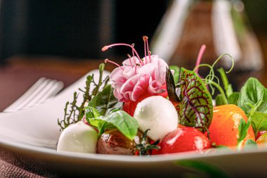 Bir porsiyon mozzarella soslu çeri domates salatası.