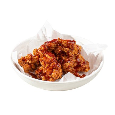 Kızarmış, kemiksiz, kırmızı soslu tavuk budu.