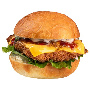 İştah açıcı kızarmış tavuk burgerinin izole edilmiş kısmı.