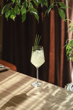Buzlu güzel bir kokteyl ve ahşap masada şarap kadehinde limon otu.