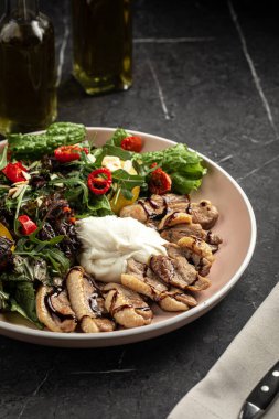 Izgara ördekli gurme salatası, taze yeşiller, kayısı dilimleri ve yumuşak peynirli mus.