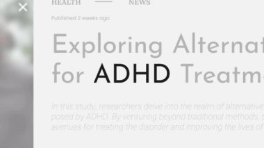 Sahte haber başlıklarında 'ADHD' teriminin video animasyonu vurgulandı. Başlıklar beyaz arkaplanda ve bu yazı işleri ve yazı işleri içeriği için kullanılabilir..