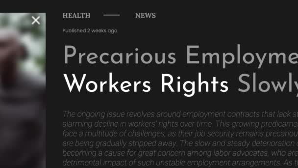 工人权利 一词的视频动画在Fake的头条新闻出版物中得到了突出报道 标题为黑色背景 可用于编辑和非编辑内容 — 图库视频影像