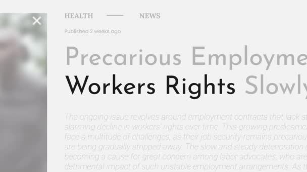 노동자 권리라는 용어의 비디오 애니메이션은 Fake 출판물에 강조했다 제목은 배경에 — 비디오