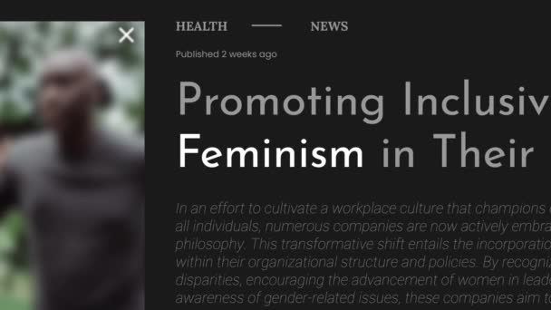 Відео Анімація Терміну Фемінізм Висвітлюється Новинних Виданнях Fake Назви Знаходяться — стокове відео