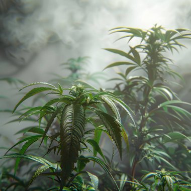 Hafif ışıkla sisli bir sabahı tasvir eden marihuana bitkileriyle dolu..