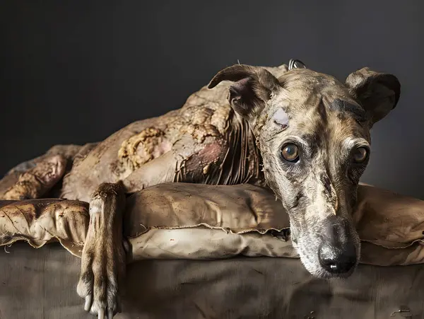stock image A dog lying on a worn cushion, suffering from a severe case of mange. Its skin is thickened.